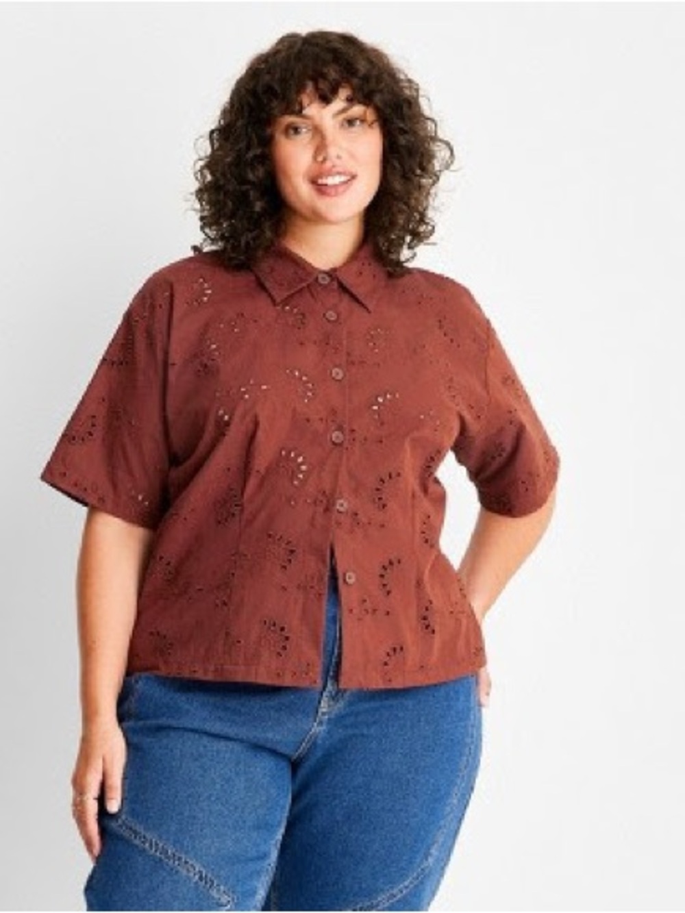 Future Collective Rust Eyelet Button-Front Short-Sleeve Crooped Women’s Top